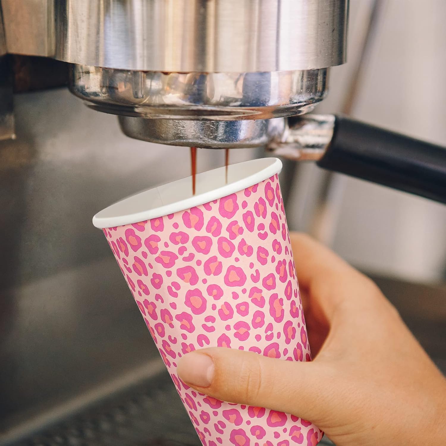 Whaline 50Pcs Leopard Hot Pink Paper Cups with Lids Pink White Paper Coffee Cups Animal Disposable Cups for Hot Drinks Cold Beverage Bridal Baby Shower Birthday Wedding Party Supplies
