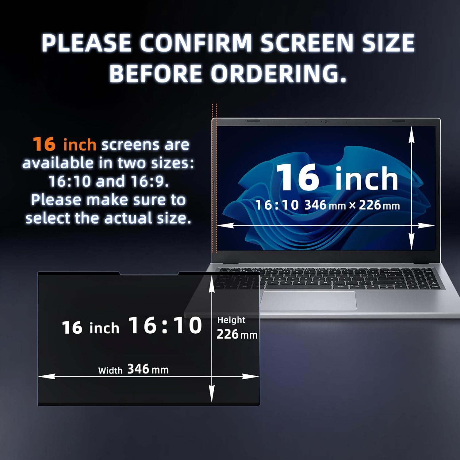 Nano-Adsorption Laptop Privacy Screen 16 inch 16:10, Removable Laptop Privacy Screen Protector, Anti Glare Blue Light Touchscreen compatible, Computer Private Filter