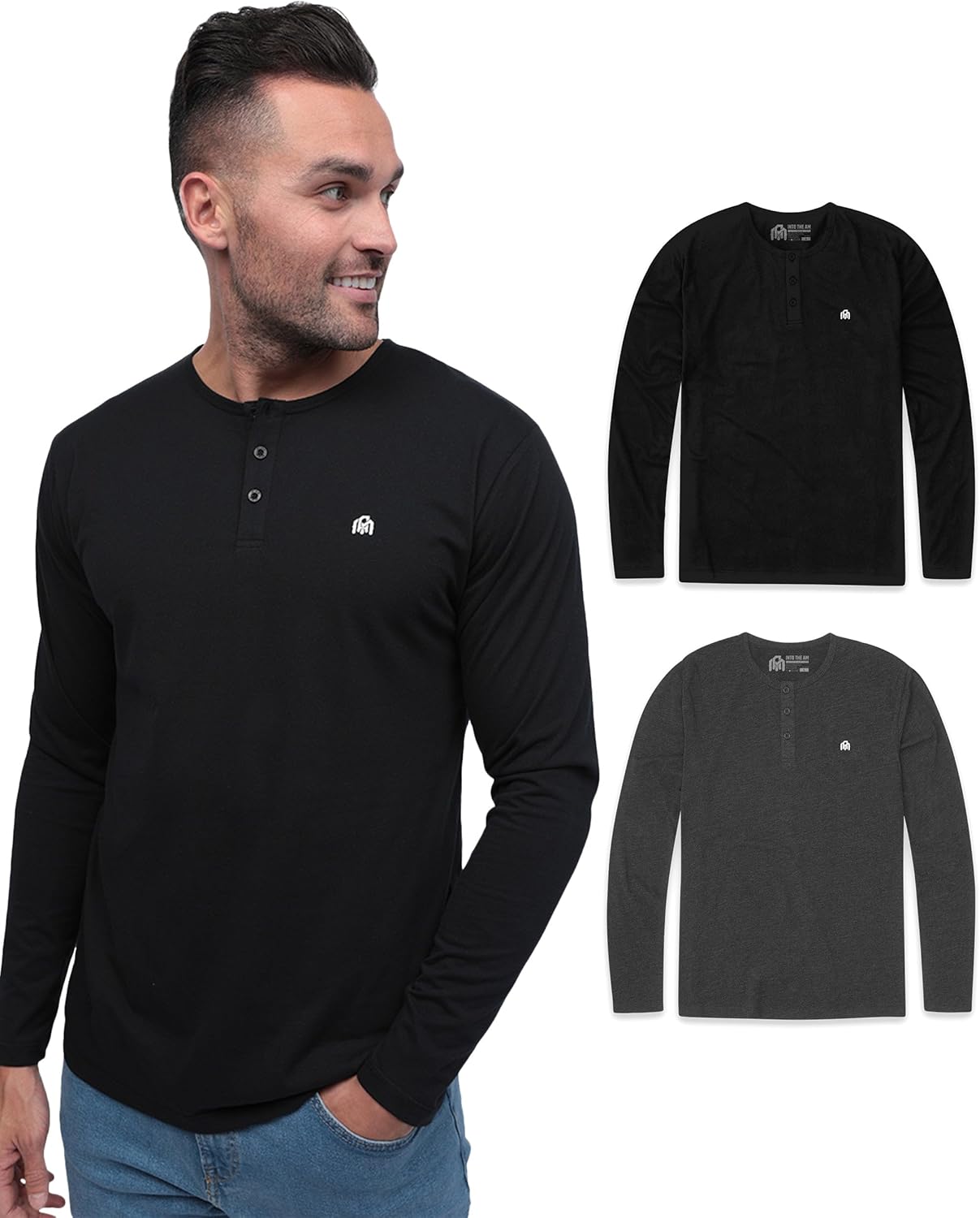 INTO THE AM Long Sleeve Henley Shirts for Men 2 Pack - Casual Slim Fit Minimal Basic Work Shirt Multipack (Black/Charcoal, 4X-Large)