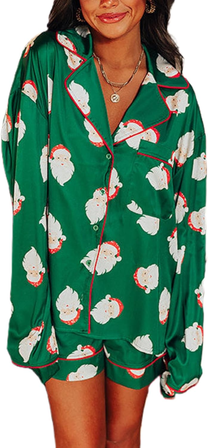 Faretumiya Women Christmas Pajamas Shorts Sets Xmas Printed Long Sleeve Button Shirt Lounge Set 2 Piece Santa Pjs Sleepwear