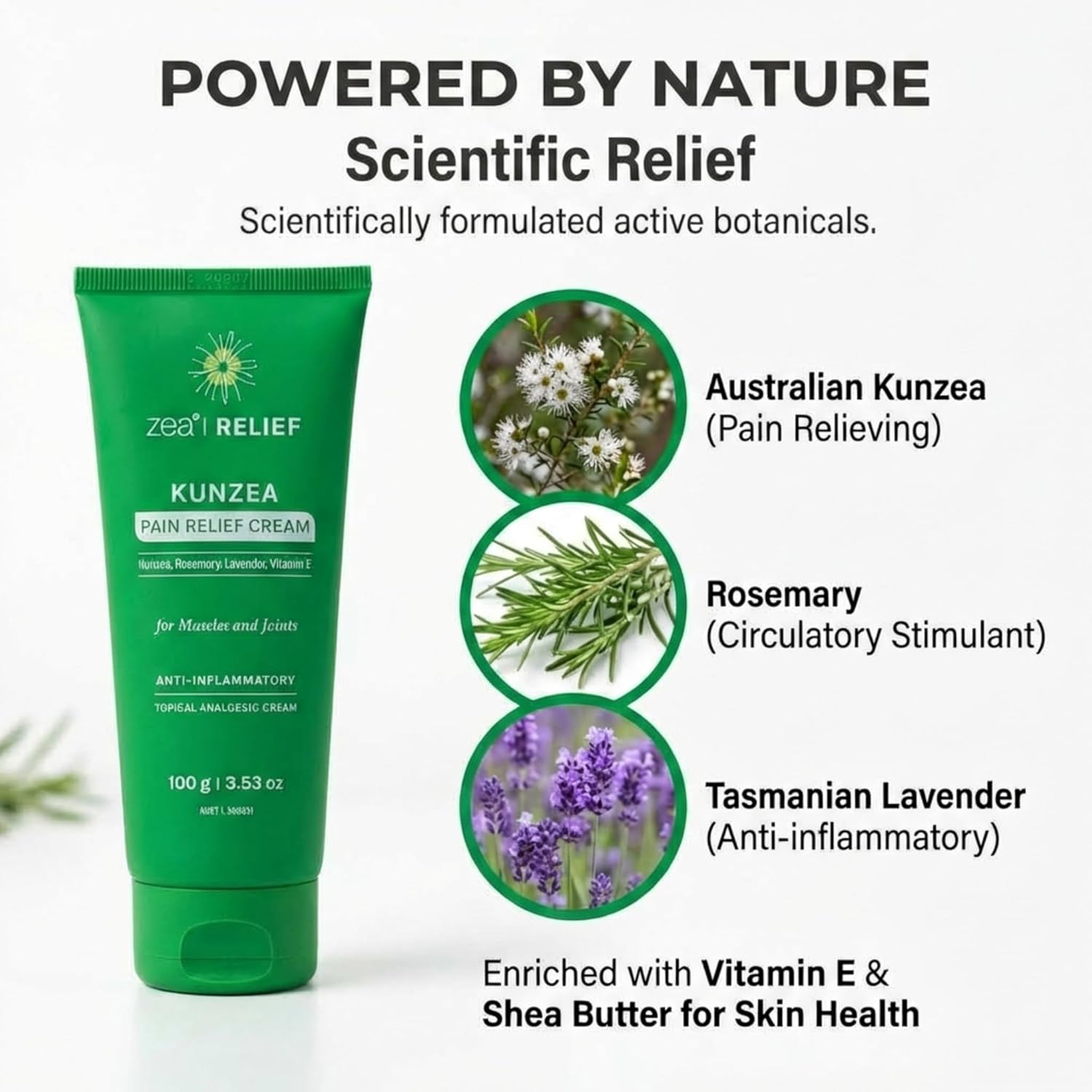 Zea Relief Kunzea Pain Relief Cream, 100 g – Natural Anti-Inflammatory Formula for Muscle, Joint & Nerve Pain – Enriched with Vitamin E, Rosemary & Tasmanian Lavender – Sore Muscle & Arthritis Relief