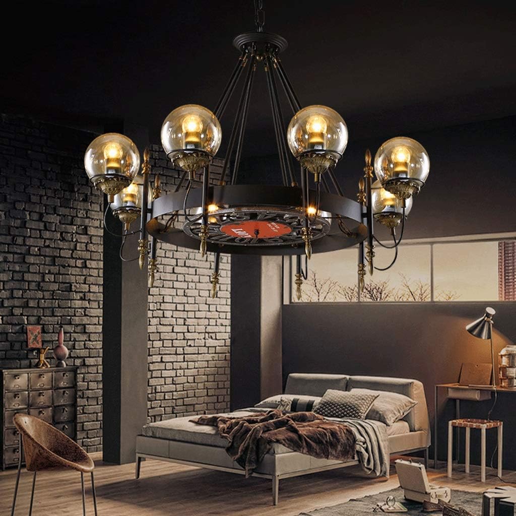 Chandelier - Retro Industrial Style Restaurant Bar Clock Round Glass Ball Wrought Iron 77×55cm 97×60cm Hanging Chain: 50cm V (Size : 97 × 60cm)