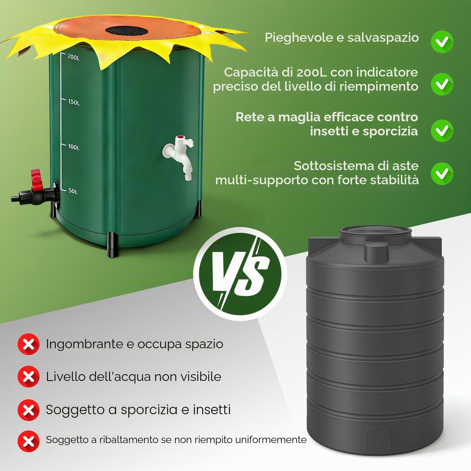 Cisterna pieghevole da 200 litri, serbatoio per acqua piovana in PVC per giardino con coperchio e rubinetto, set di contenitori di raccolta, contenitori di stoccaggio a lungo termine per giardino