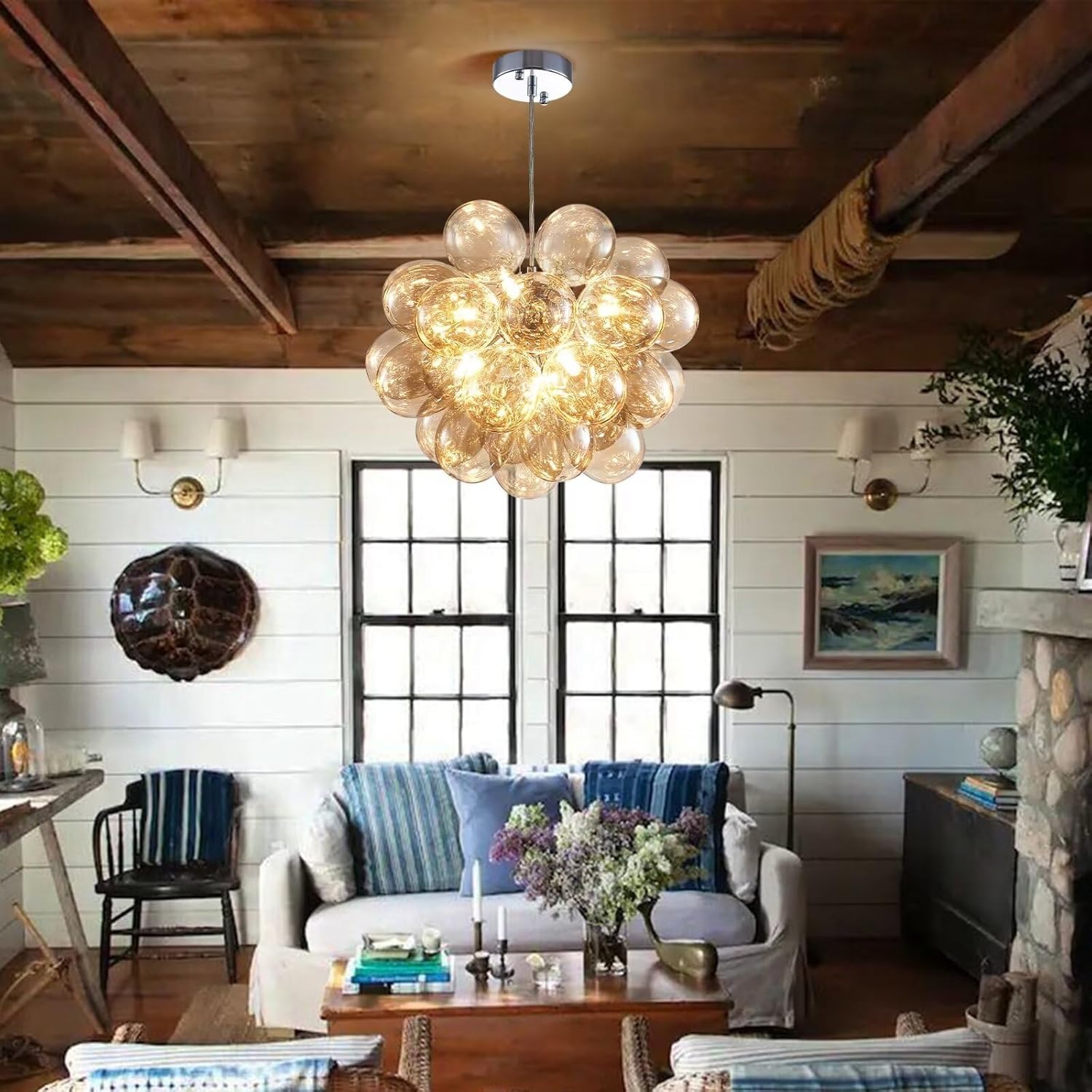 Bubble Ball Chandelier - Clear Glass Globe Chandelier Adjustable Height Chain Champagne High Ceiling Light Fixture for Dining Room Living Room Bedroom 20"x18"
