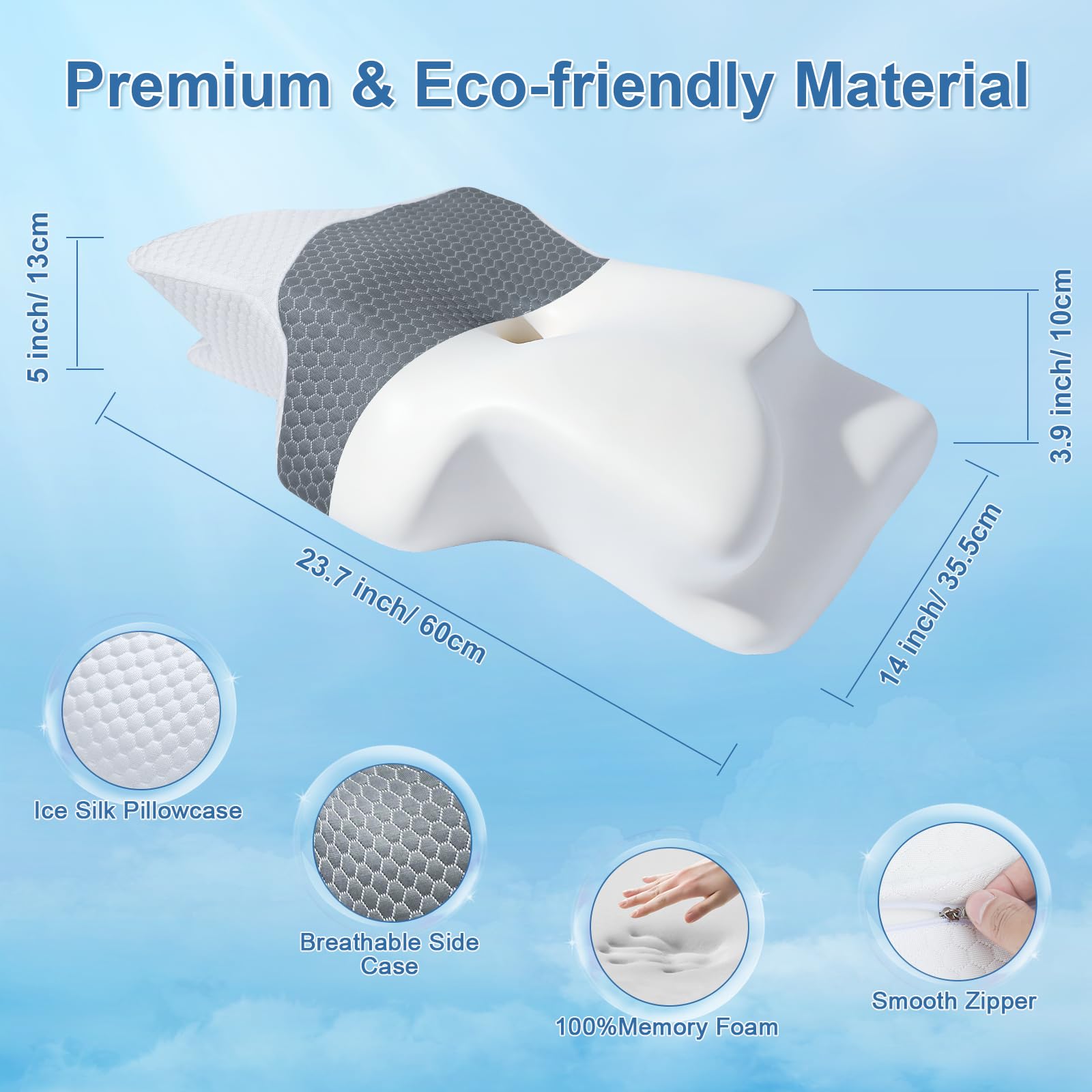 SAHEYER Almohada Cervical 2en1 Espuma Viscoelástica, Gris, 60x35,5x13/11cm | Almohada Ergonómica Mariposa para Dormir de Lado, Boca Arriba y Boca Abajo, Soporte de Cabeza/Cuello/Hombro