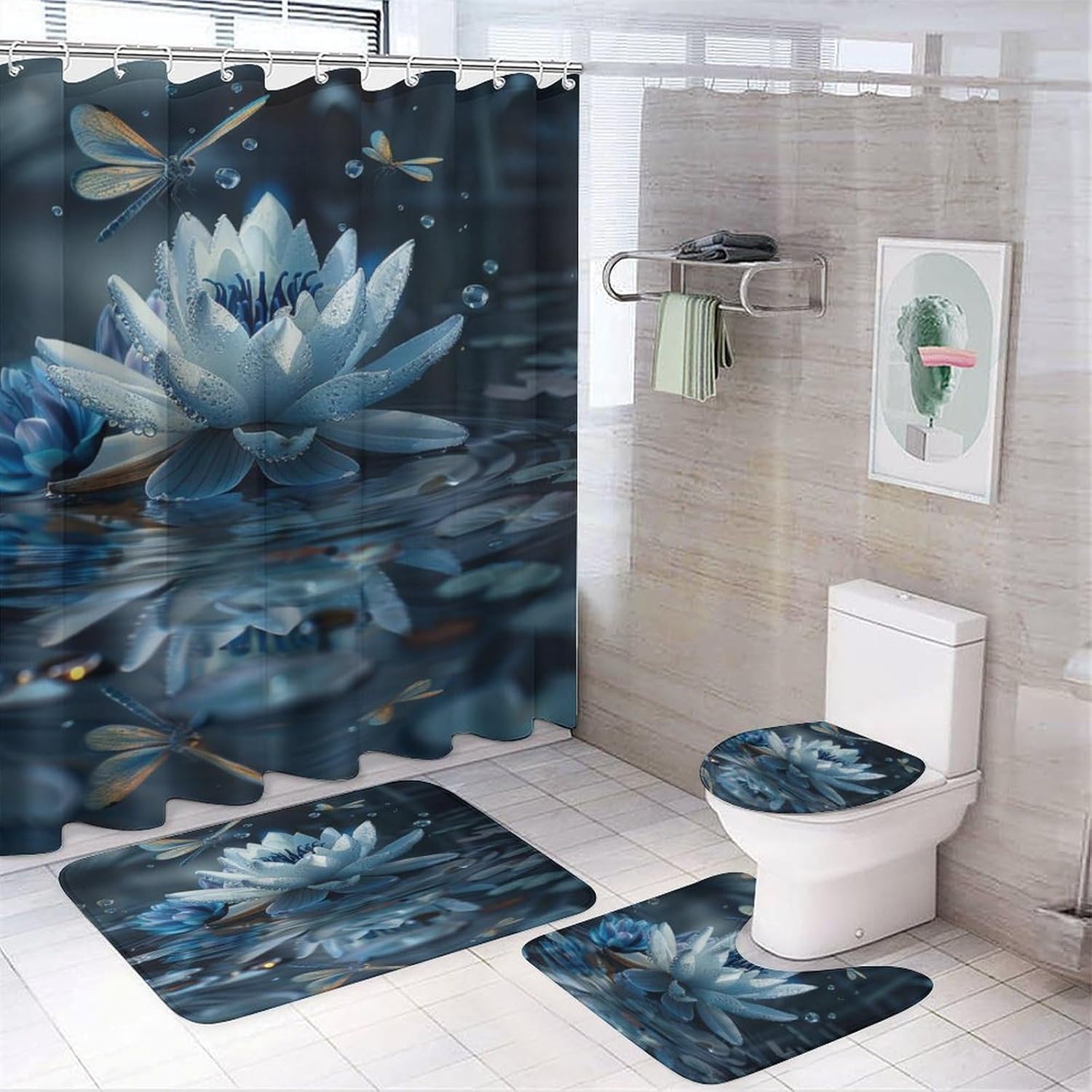 4Pcs Classic Dragonfly Lotus Shower Curtain Sets Bathroom Decor, Vintage Flower Plant Shower Curtain with Non Slip Rug, Toilet Lid Cover, Bath Mat and 12 Hooks 72W x 72L