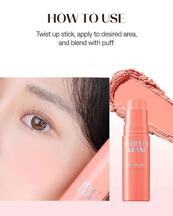 THESAEM Perfect Glam Stick Blush CR01 Apricot Milk - Creamy Cheek Peach Coral - Ceramide, Shea Butter - Melting Cream Texture Buildable Color Korean Makeup with Blending Puff, 0.2oz.