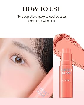 THESAEM Perfect Glam Stick Blush CR01 Apricot Milk - Creamy Cheek Peach Coral - Ceramide, Shea Butter - Melting Cream Texture Buildable Color Korean Makeup with Blending Puff, 0.2oz.