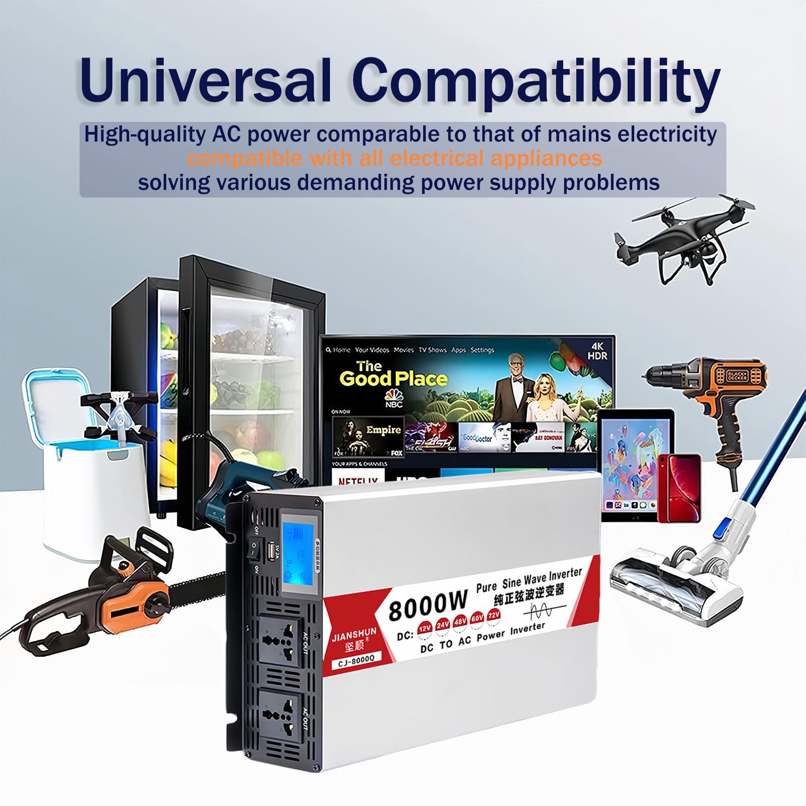 Inversor de Potencia de Onda Sinusoidal Pura, Inversor de Potencia de 5000W 6000W 8000W, Convertidor de Voltaje de 12V/24V/48V/60V a 110V/220V, para RV, Camping, Solar,8000W-12V