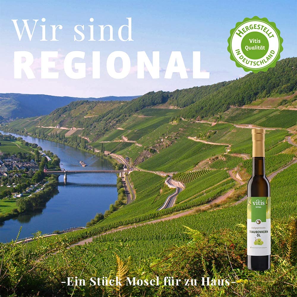 Vitis Traubenkernöl kaltgepresst 2x 250ml – natives Speiseöl reich an Vitamin E – zum Braten, Kochen, Backen & Salat – von der Mosel