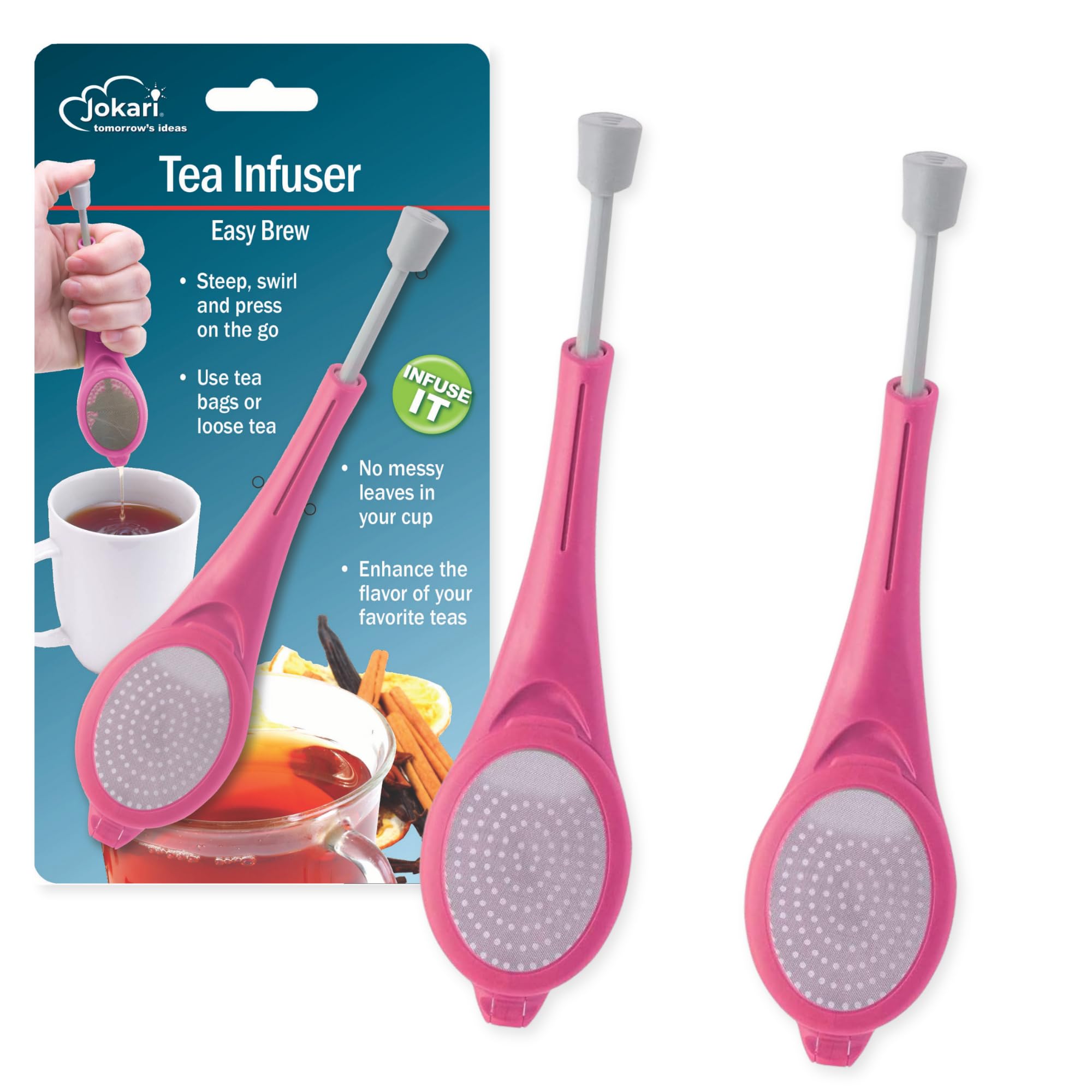 Jokari Loose Leaf Tea Infuser 2 Pack – Stainless Steel Mesh Reusable Tea Steeper with Easy Grip Handle – BPA-Free, Dishwasher Safe, for Custom Brewing – Pink