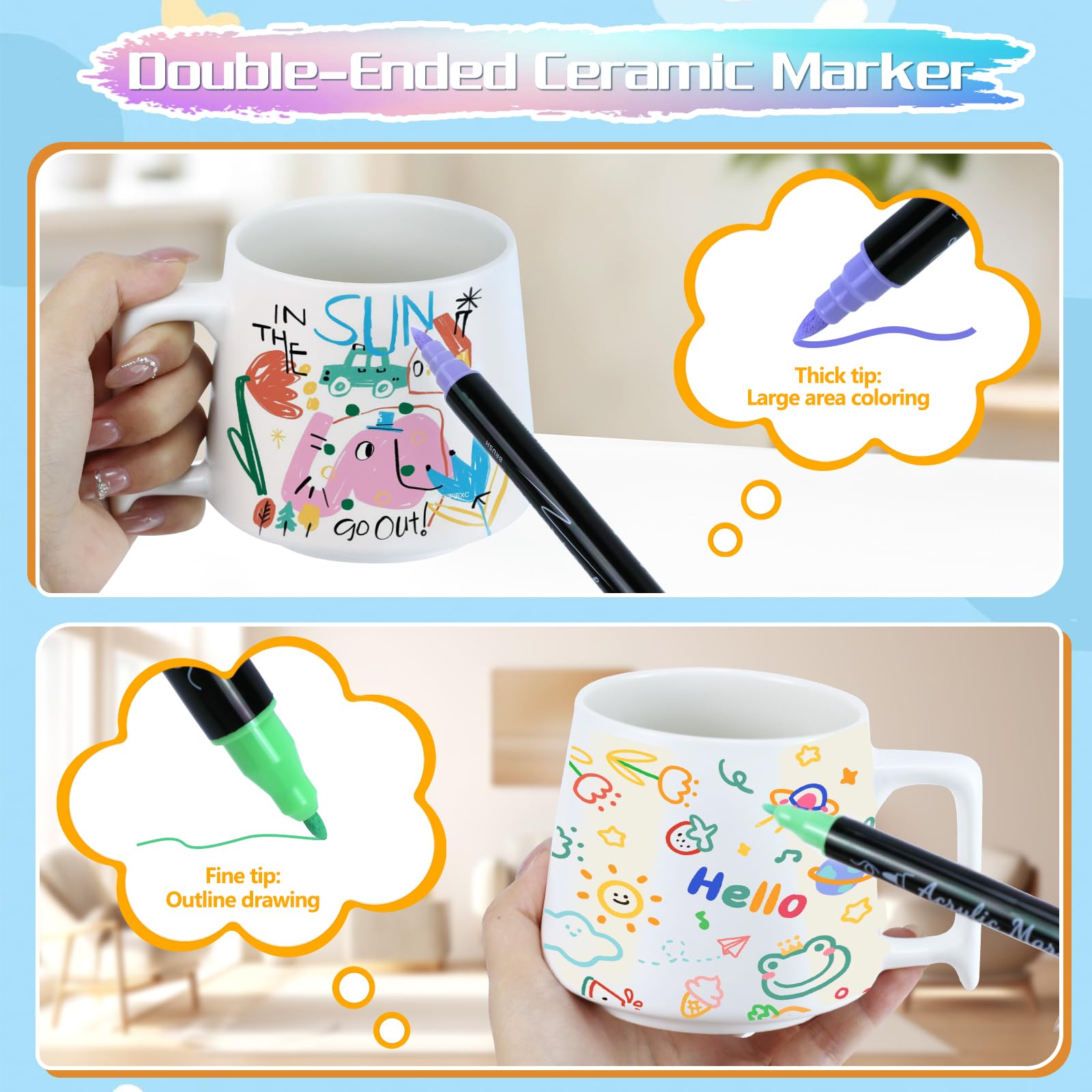 Keramik Bemalen Set - Tassen Bemalen Set (Enthält 2 Tasse, 12 Keramikmarkierungen, Aufbewahrungstasche, Malinspiration) - Tasse Bemalen Malset, Kreative Geschenke für Erwachsene