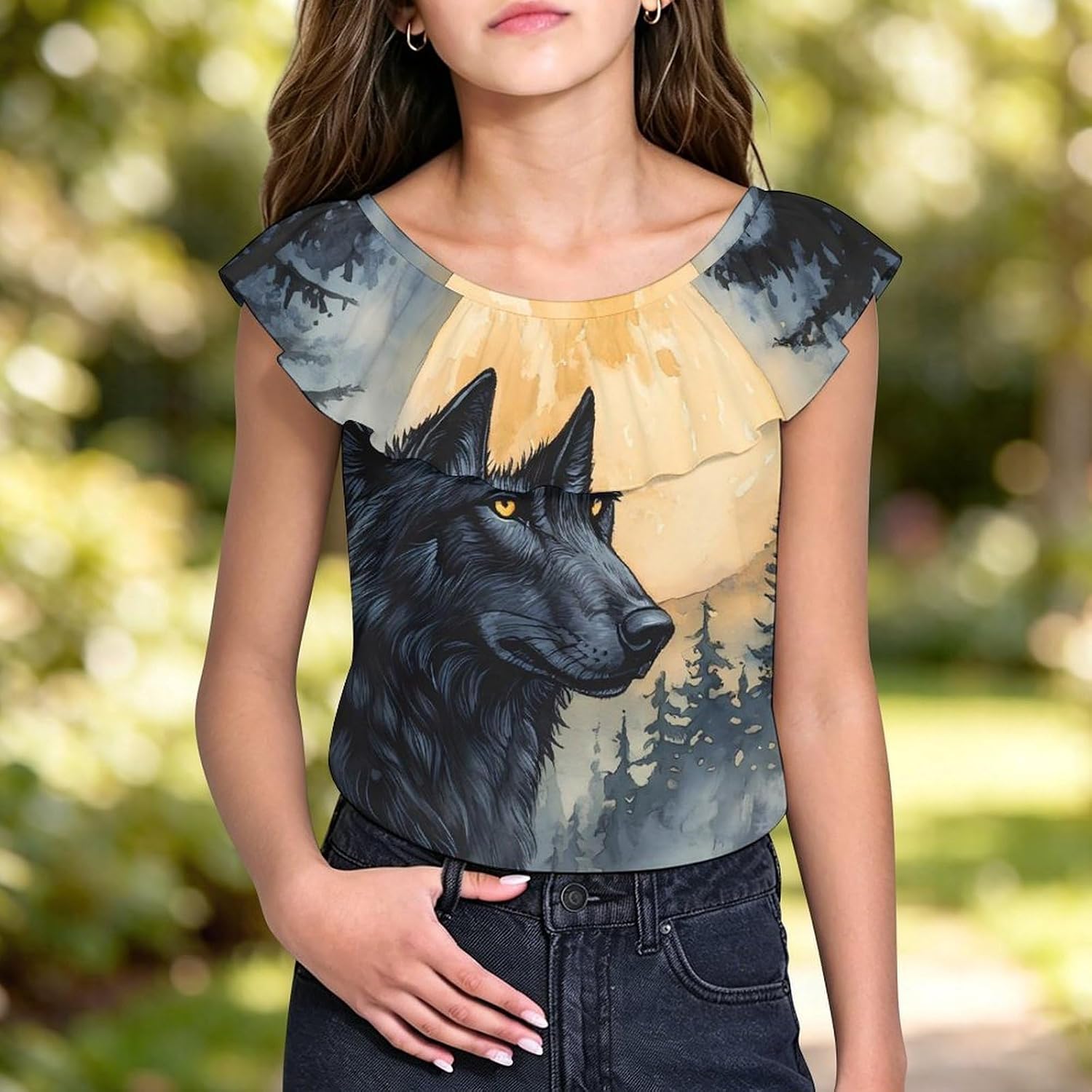 Black Wolf Full Moon Girls T-Shirts Top Ruffle Short Sleeve Blouse Casual Graphic Tees