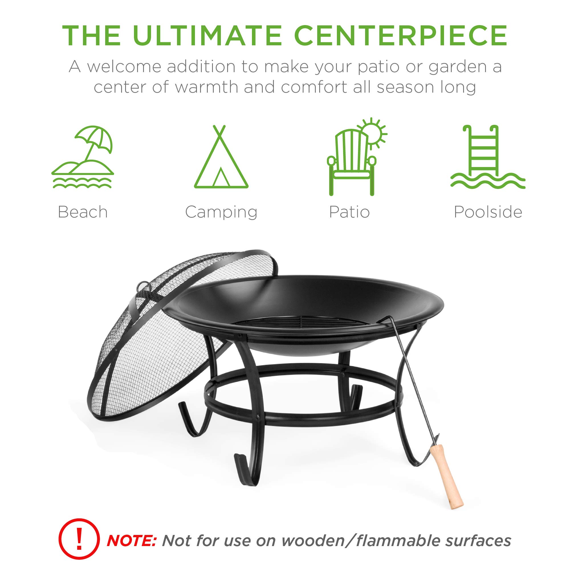 Best Choice Products - Braciere in acciaio per esterno, 56 cm, per patio, BBQ, grill, cortile, campeggio, picnic, falò, giardino, con attizzatoio, copertura e grata