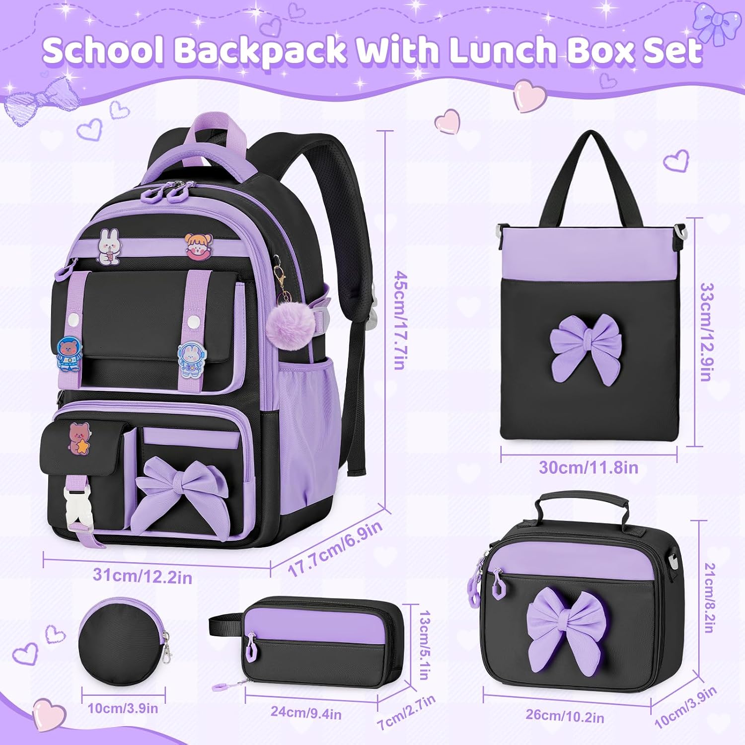 5pc Cute Girls Backpack with Lunch Box Set, Black Kawaii Aesthetic Bookbag, Kids School Backpack for Teen & Elementary