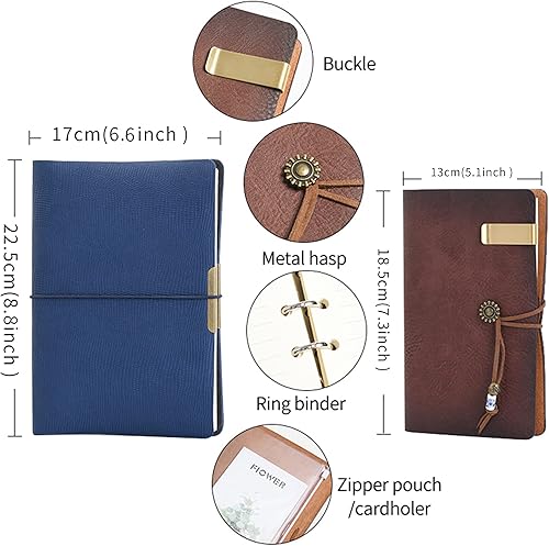 Miniatura 3 de Wonderpool - Diario de piel con forro de papel y bolígrafo, rellenable, 6 argollas, páginas a rayas, cubierta vintage para la oficina, viajes,