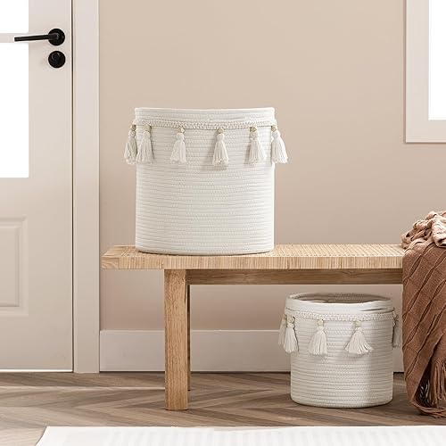 Miniatura 4 de UBBCARE Cesta decorativa de cuerda de algodón de 11 x 11 pulgadas, cesta de almacenamiento tejida bohemia con borla, cesta de macramé para organizar