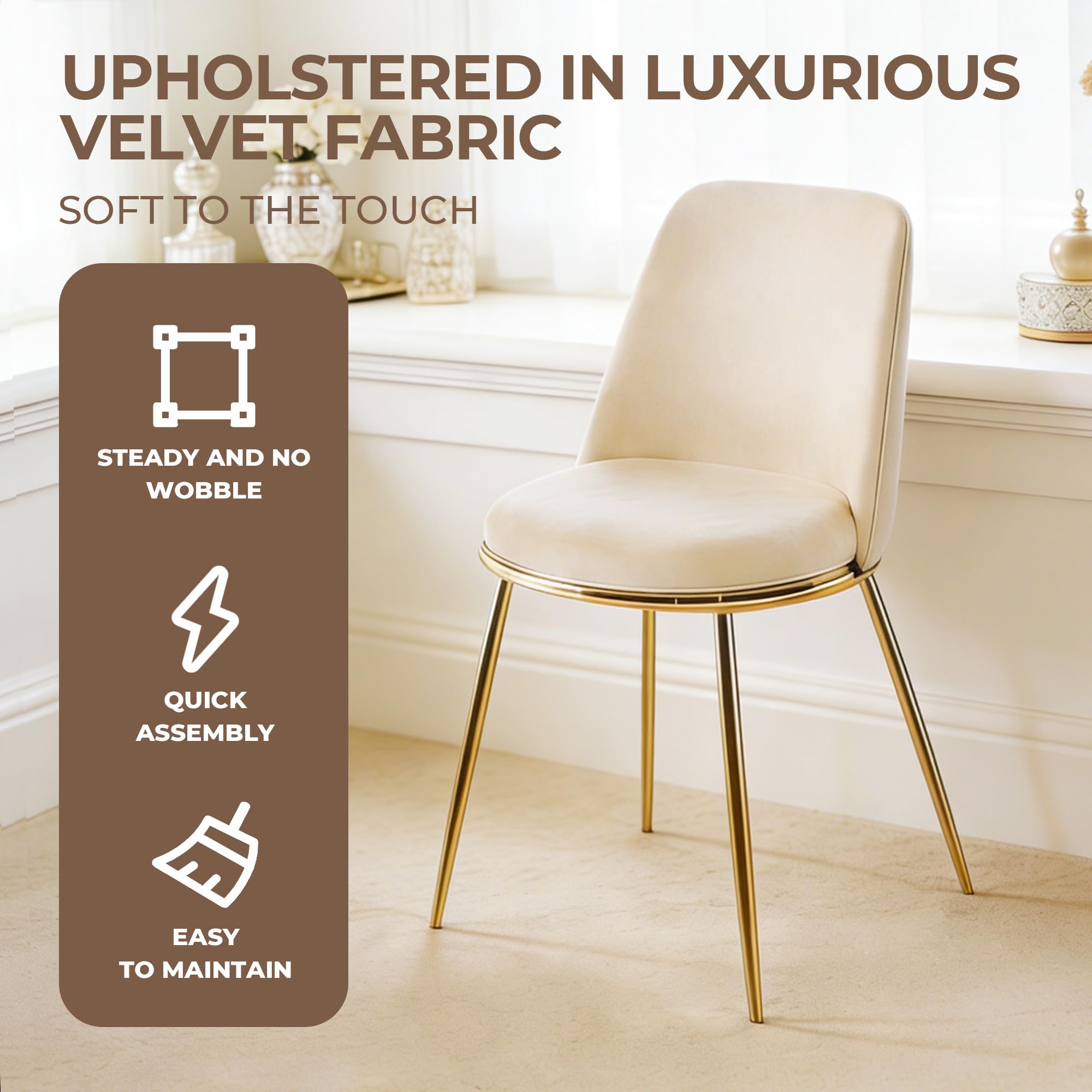 Set di 2 sedie per sala da pranzo, colore bianco crema, imbottitura in velluto, gambe in metallo dorato