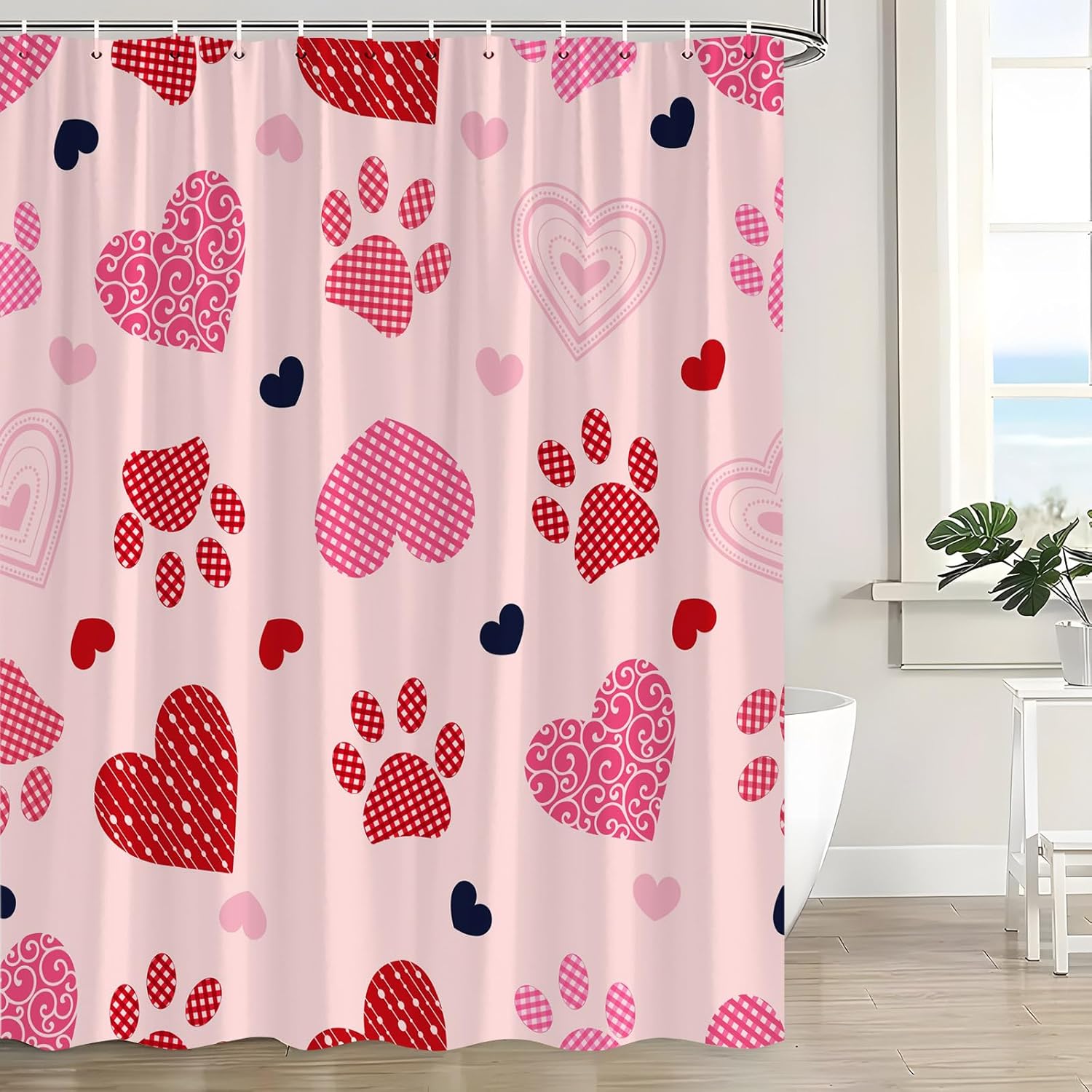 Valentine Shower Curtain Red Heart Cute Dog Paw Print Romantic Love Modern Abstract Hearts Sweet Pet Lover Couple Wedding Bath Curtain with Hooks, 70x84 Inch