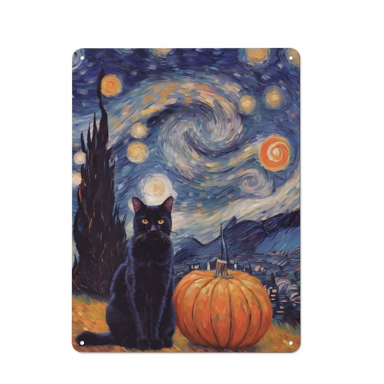 Junmoney Black Cat With Pumpkin Metal Wall Sign 40X30cm Featuring For Home Bar Wall, For Themed Interiors In Home Bars And Entertaining Spaces
