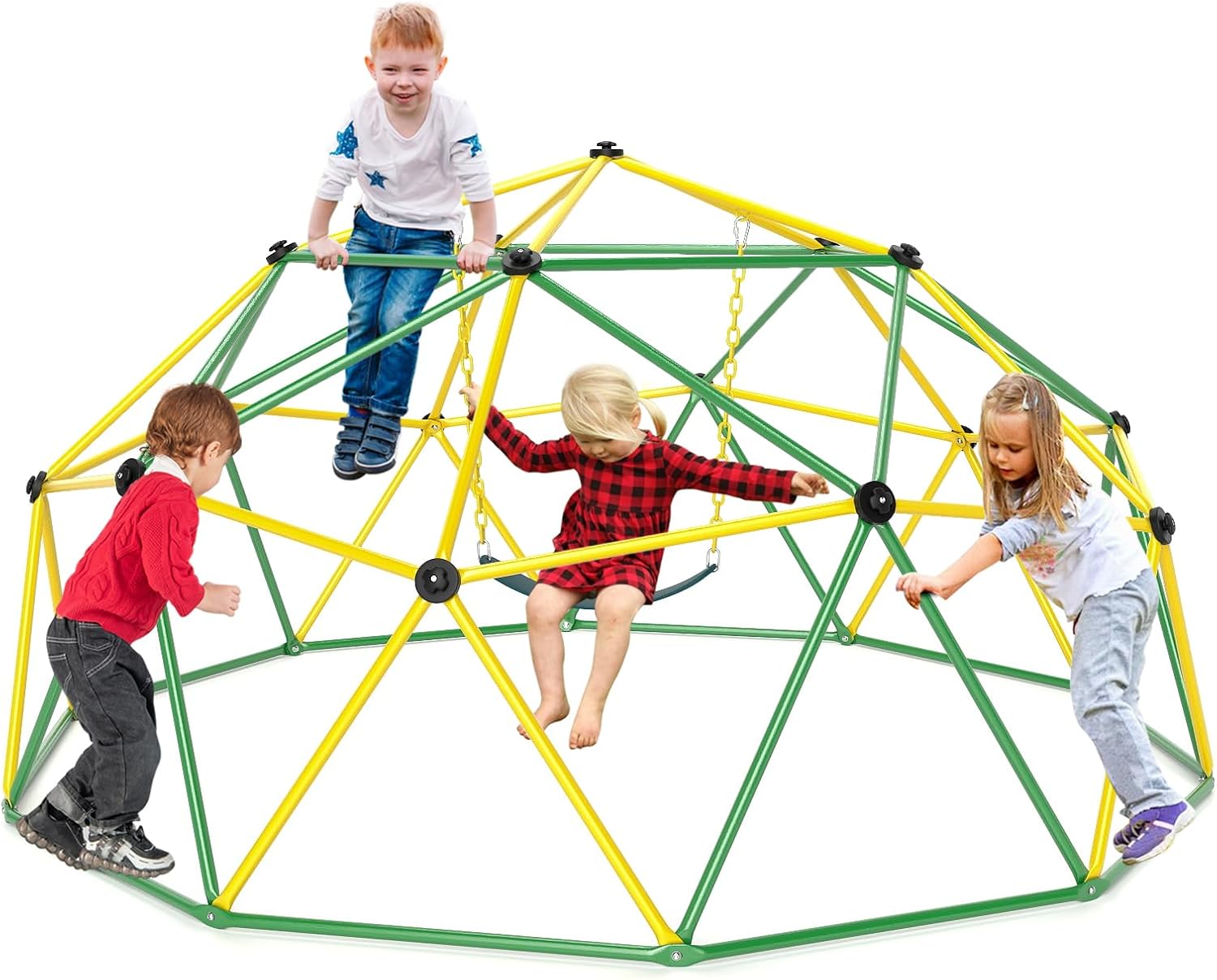 HONEY JOY 10FT Climbing Dome with Swing, Upgrade Jungle Gym Monkey Bar for Backyard, Outdoor Climbing Toys for Toddlers Playground Equipment, Supports 800 LBS, Geometric Dome Climber for Kids, Green