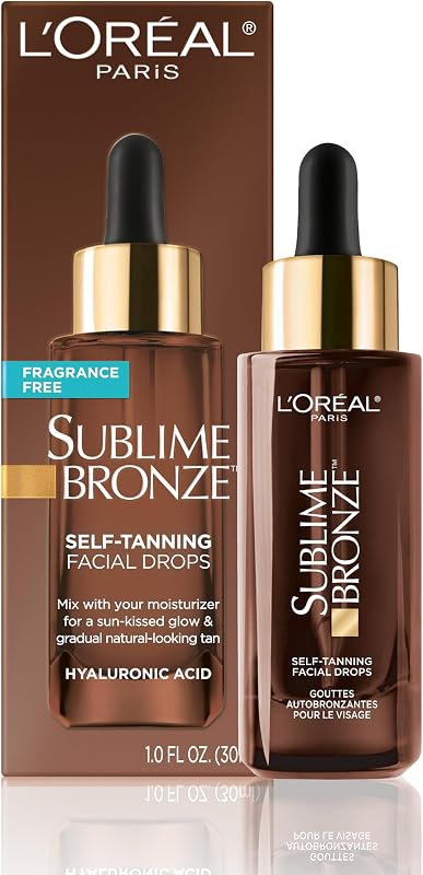 L'Oreal Paris Sublime Bronze Self Tanning Facial Drops with Hyaluronic Acid, Gradual Tan, Fragrance-Free, 1 fl. Oz