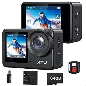XTU Camera Sport 4K 30FPS 20MP avec Carte SD 64Go, Caméra Étanche sous Marine avec Écran Tactile Double Affichage, Action Cam avec 2.4GHz WiFi Télécommande, EIS Stabilisation4.0, Kit d'Accessoire