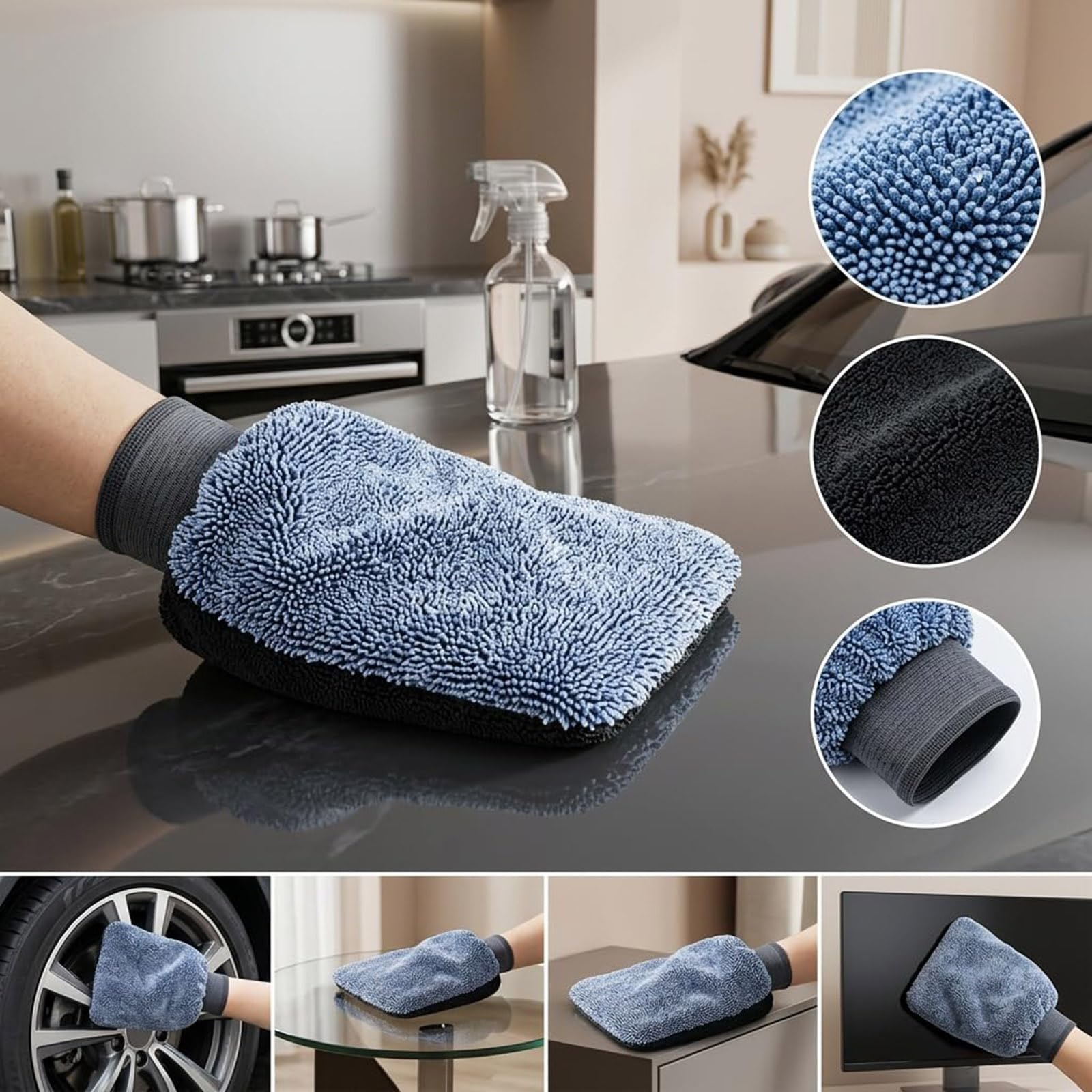 Generisch Putzhandschuhe Microfaser – 3X Mikrofaser Handschuh Reinigungshandschuhe & Fleckenhandschuh für Bad, Fenster & Polster, Waschhandschuh für Autopflege