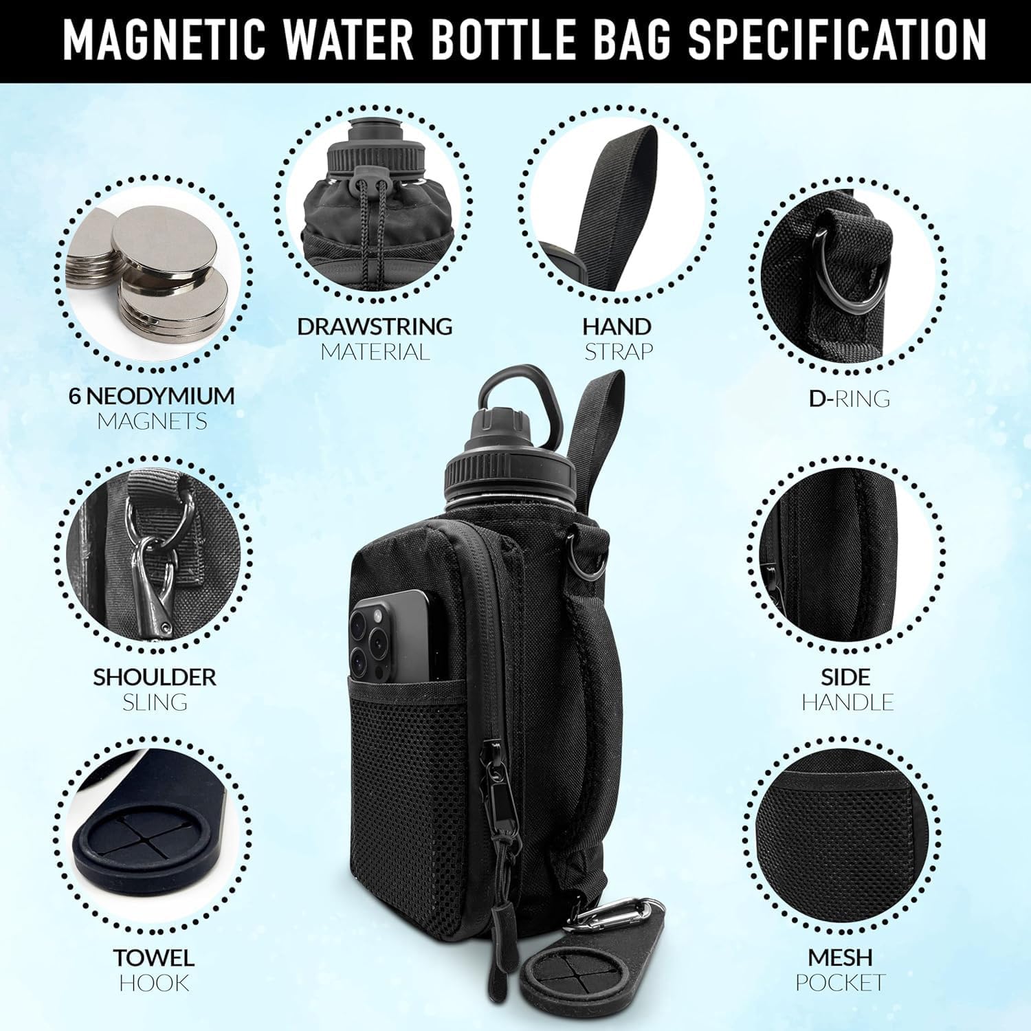 Magnetic Gym Bag with Phone Pocket - Nylon Water Bottle Carrier with Adjustable Shoulder Strap & Towel Hook, Fits Standard Bottles Up to 3.9" Diameter | Light and graceful