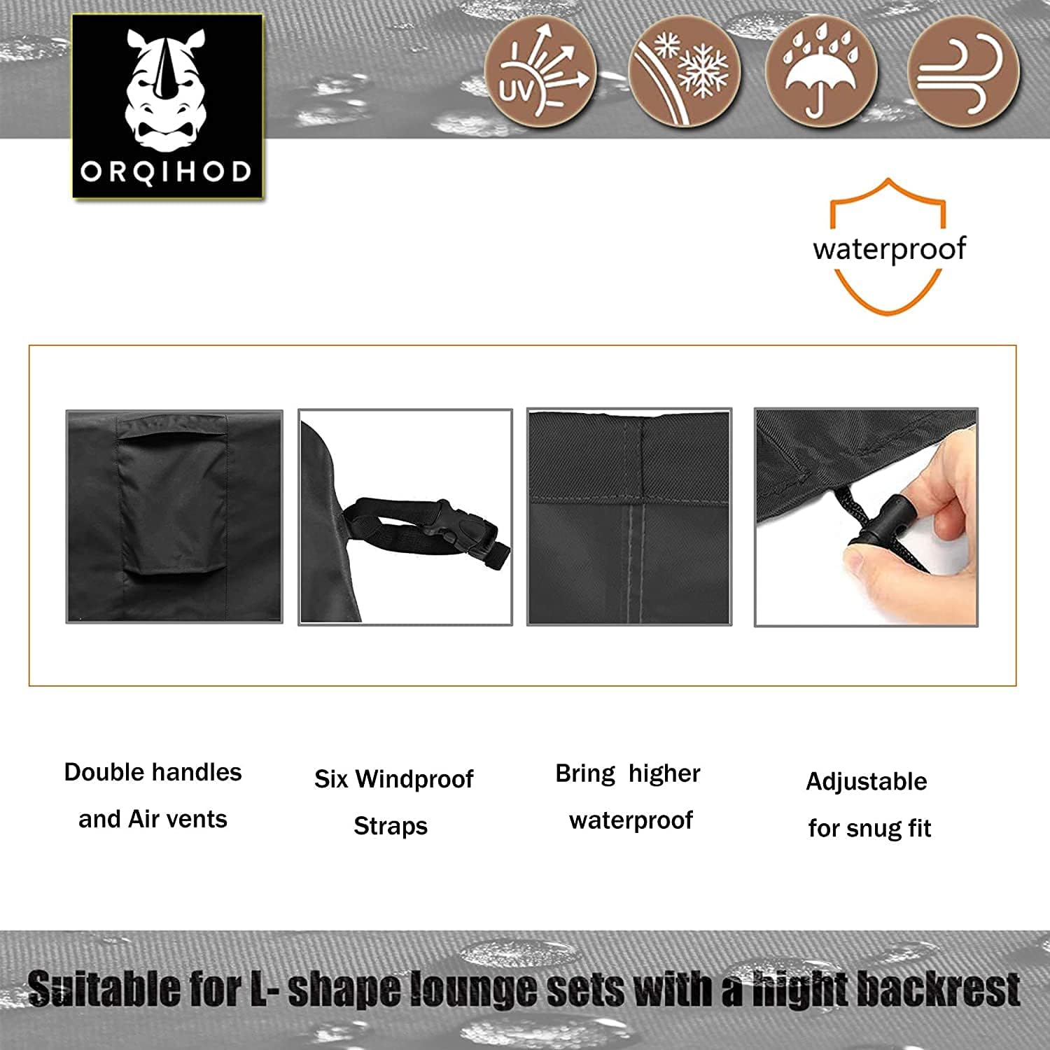 V-Shaped Patio Furniture Cover Waterproof 600D Heavy Duty Outdoor Sectional Sofa Covers with Storage Bag 85x85inch Black Protective Cover for Corner Sofa Windproof