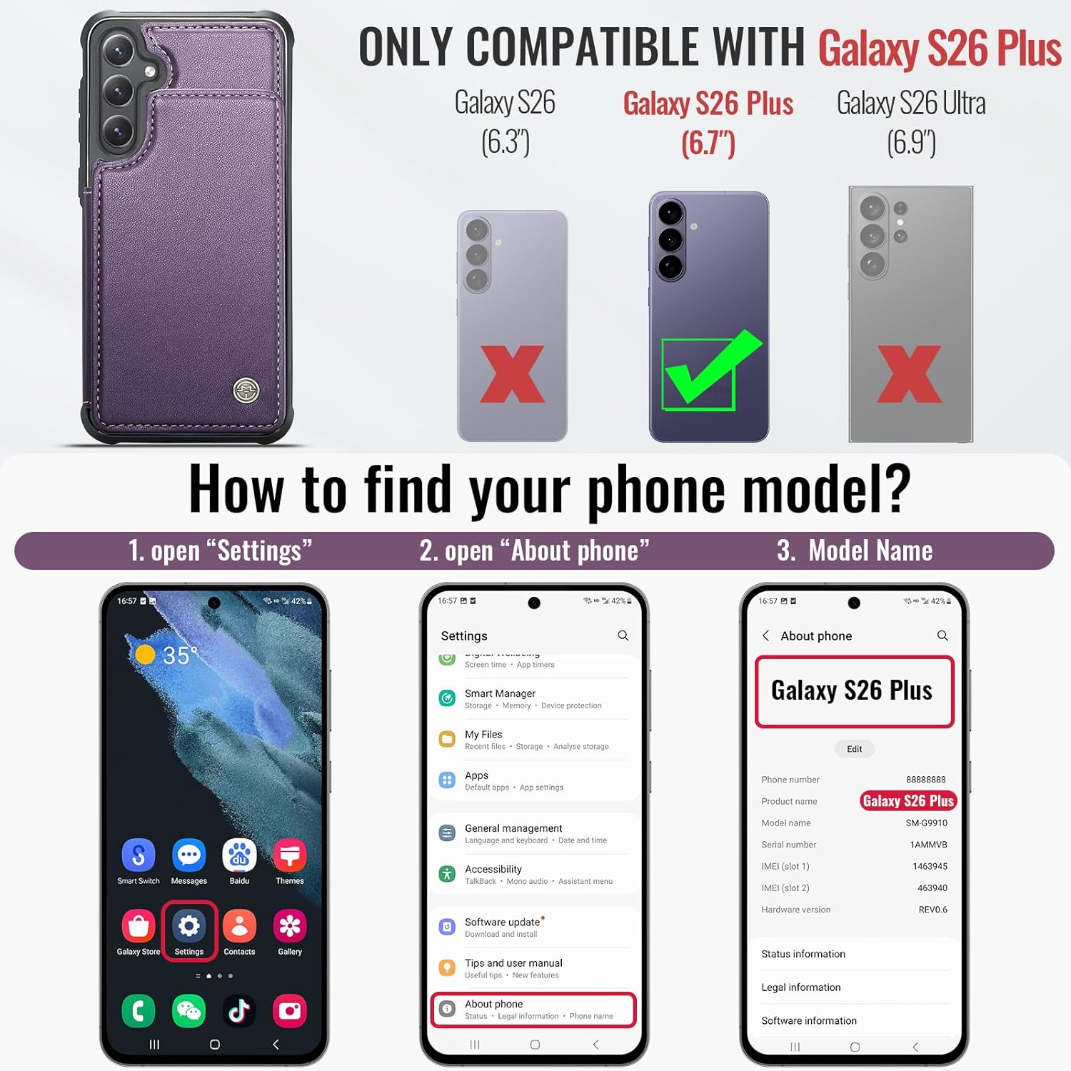 vinich for samsung galaxy s26 plus wallet case with card holder, rfid blocking credit slots kickstand shockproof phone cover for women men, purple for samsung galaxy s26 plus - 6.7'' purple