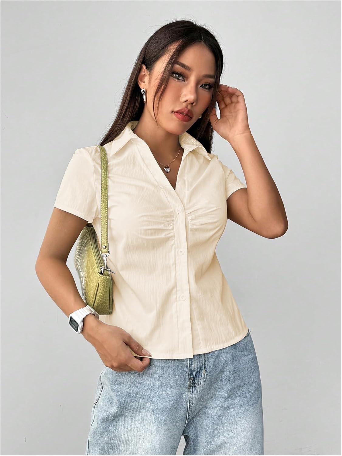 SweatyRocks Women's Ruched Button Up Blouses Collar V Neck Short Sleeve Work Shirts - Image 4