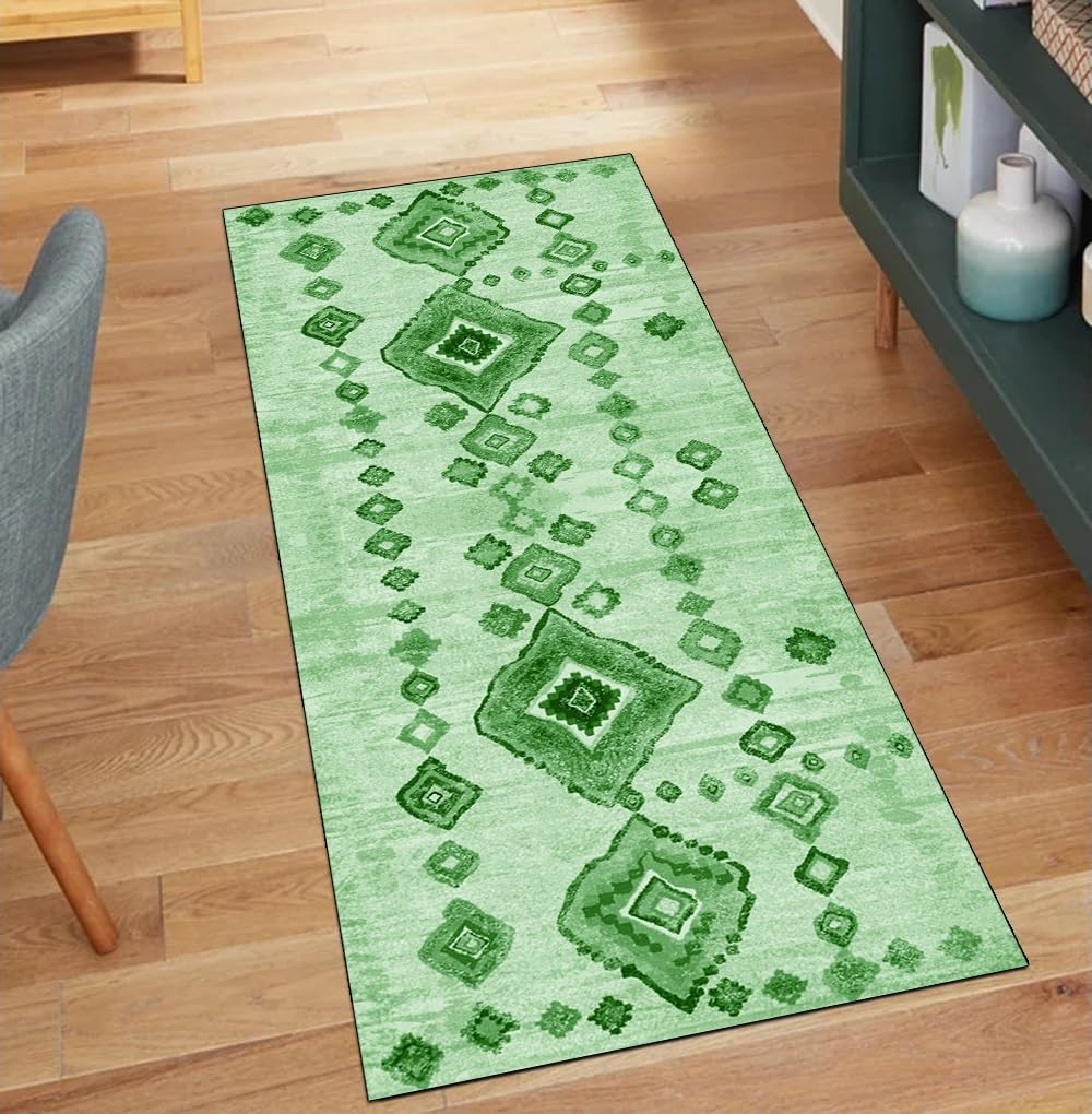 Tapis de couloir 120 x 220 cm vert foncé lavable et antidérapant style vintage