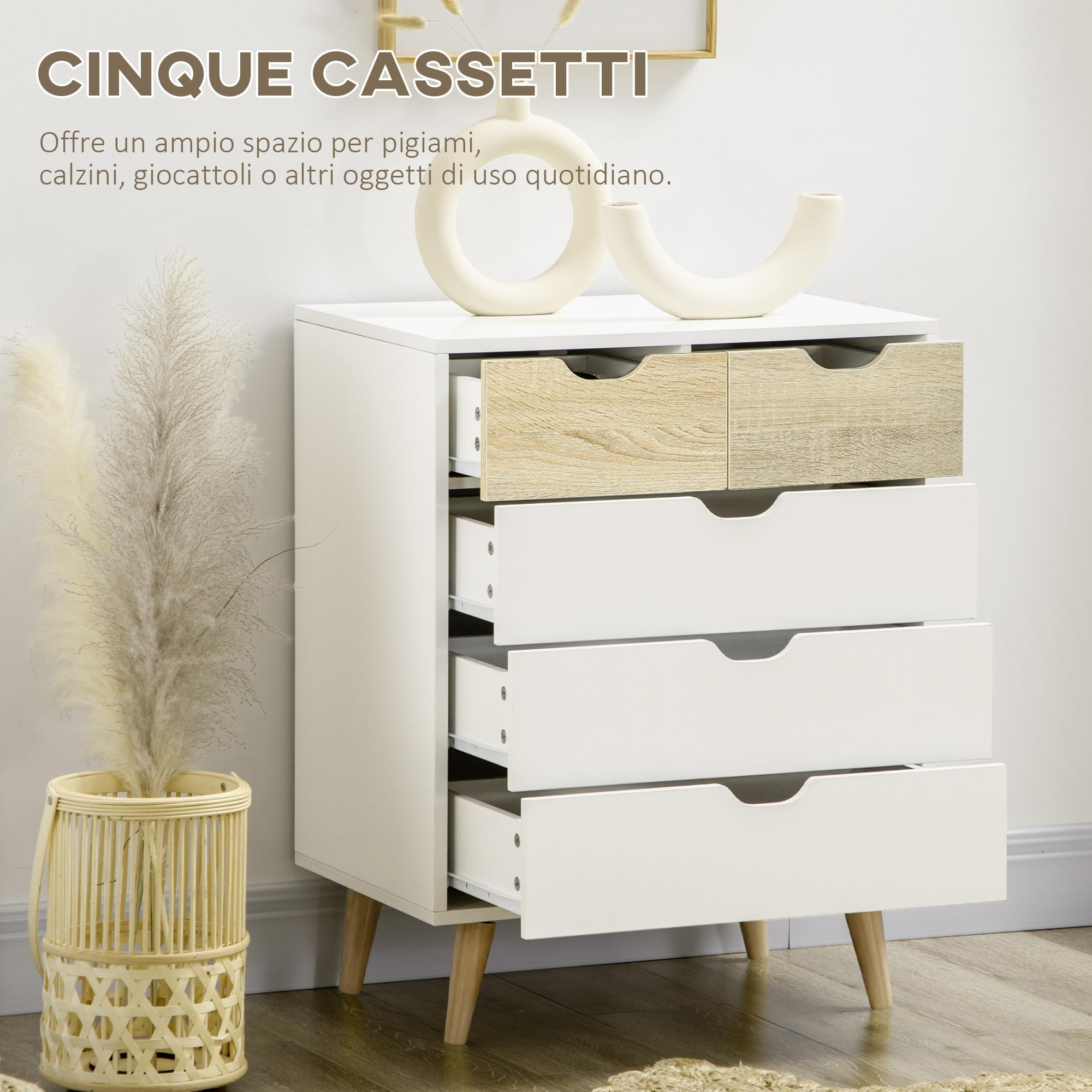 HOMCOM Cassettiera 5 Cassetti per Ingresso, 60x40x77.5cm, Bianco e Legno