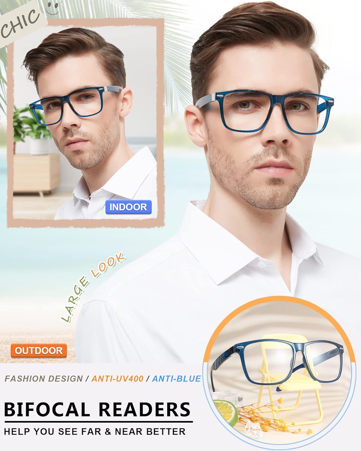 MARE AZZURO Oversized Bifocal Reading Glasses Men Blue Light Blocking Readers 1.0 1.25 1.5 1.75 2.0 2.25 2.5 2.75 3.0 3.5
