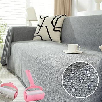 Chenille Couch Covers for Sectional Sofa, Chenille Blanket Herringbone Tassel Couch Cover, Chenille Couch Cover Blanket, Soft Waterproof Washable Sofa Cover Gray,180 * 180 cm/70.8 * 70.8 in