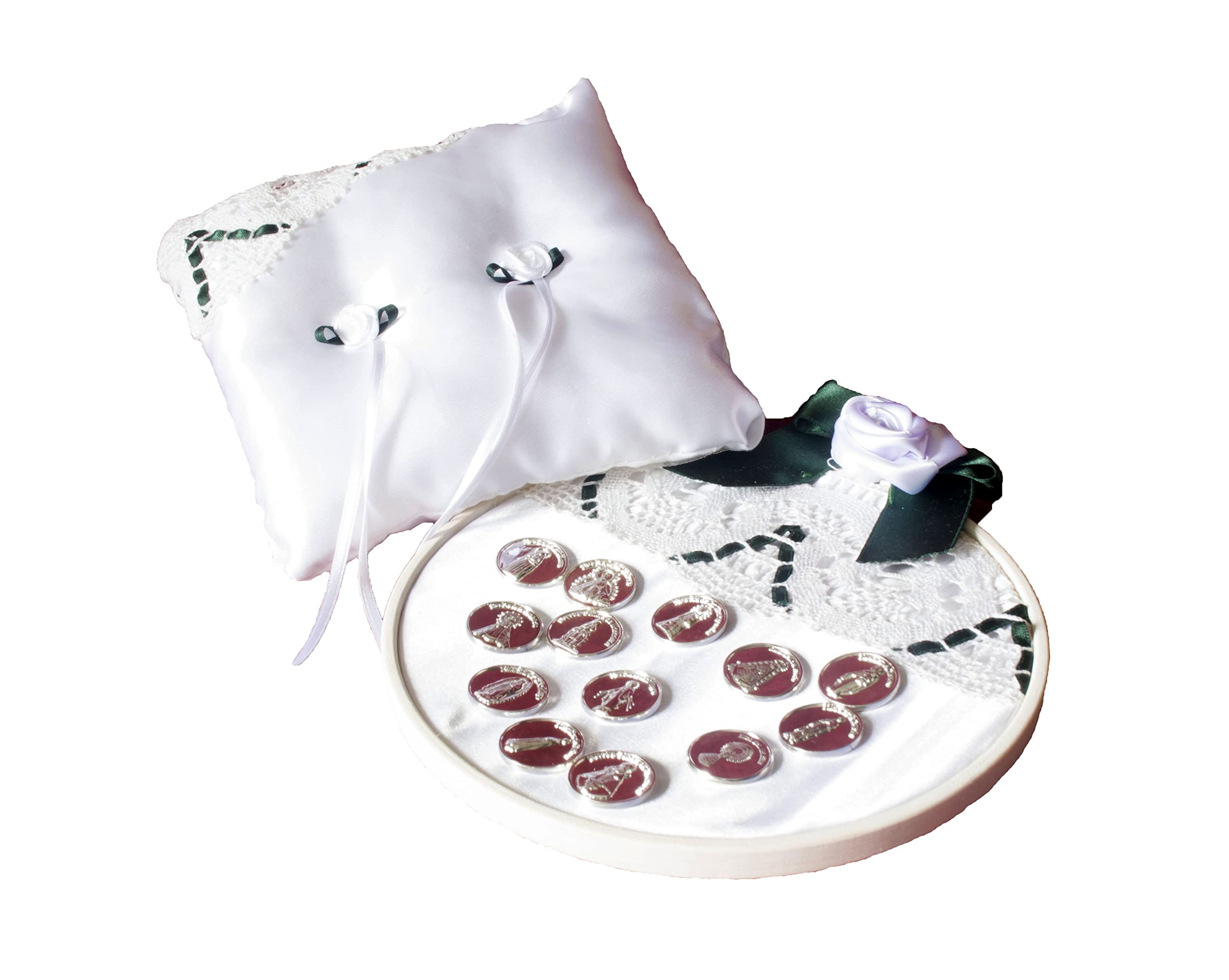 Arras de Todas Nuestras Virgenes con Porta-Arras Redondo y Cojin (realizada a Mano por Nuestros Artesanos, para Todas Las Bodas y Enlaces