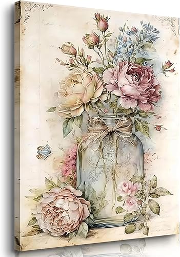Arte de pared vintage con rosas silvestres rosas, decoración de pared botánica, tarro de masón, cuadro victoriano, perfecto para dormitorio, sala de