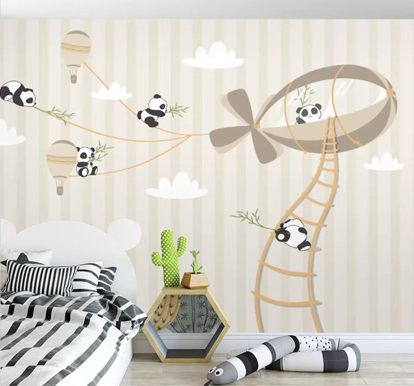 Cartoon Animals Panda Hot Air Balloon Aeroplane 3D Wallpaper Easy Install Feature Office Living Room Sofa Bedroom TV Background Wall Decoration-430cm×300cm