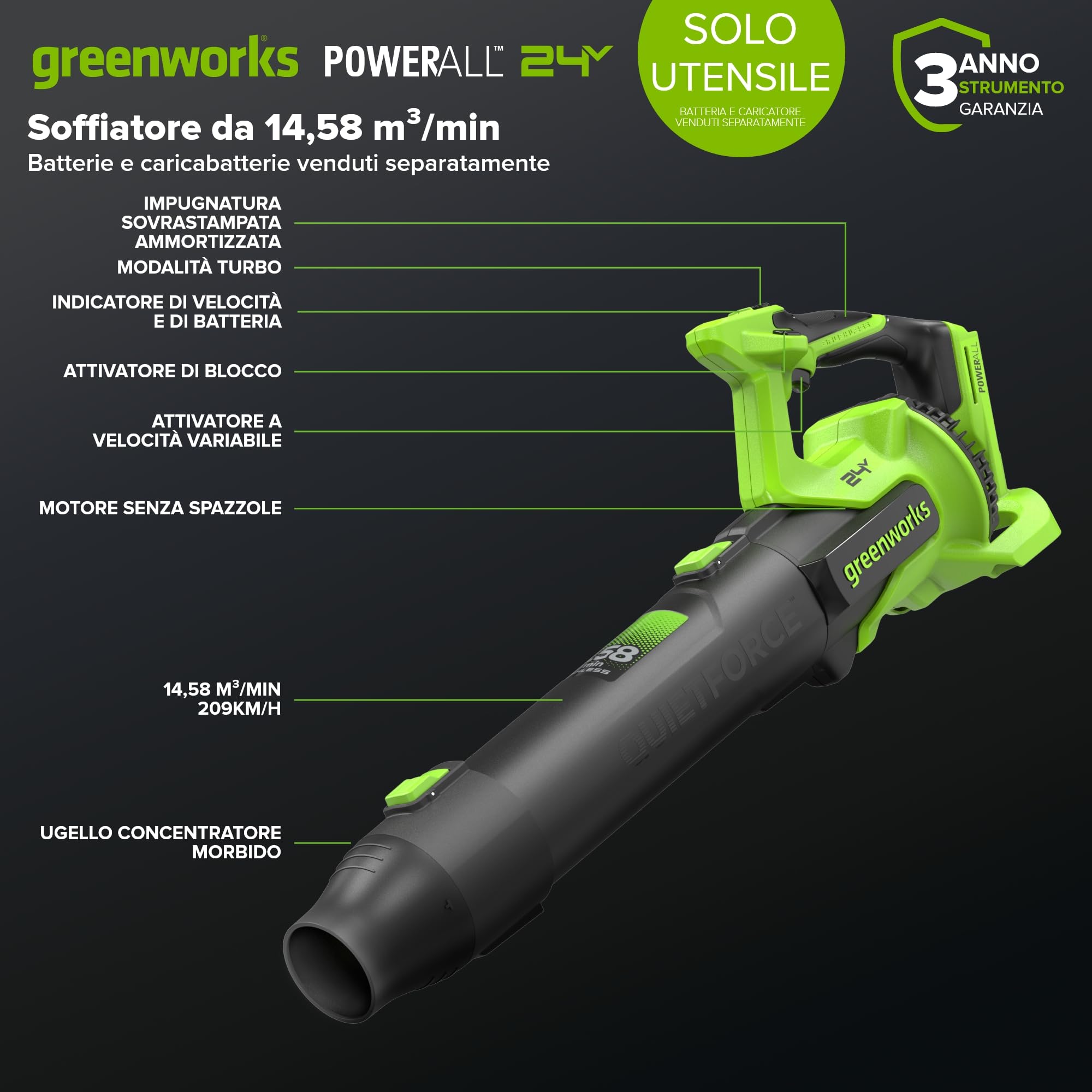 Greenworks Soffiatore a Batteria 24V Premium, Motore Brushless ad Alta Efficienza, 14,58 m³/min, 209 km/h, Tecnologia QUIETFORCE, Cruise Control – Solo Utensile BL24515A1