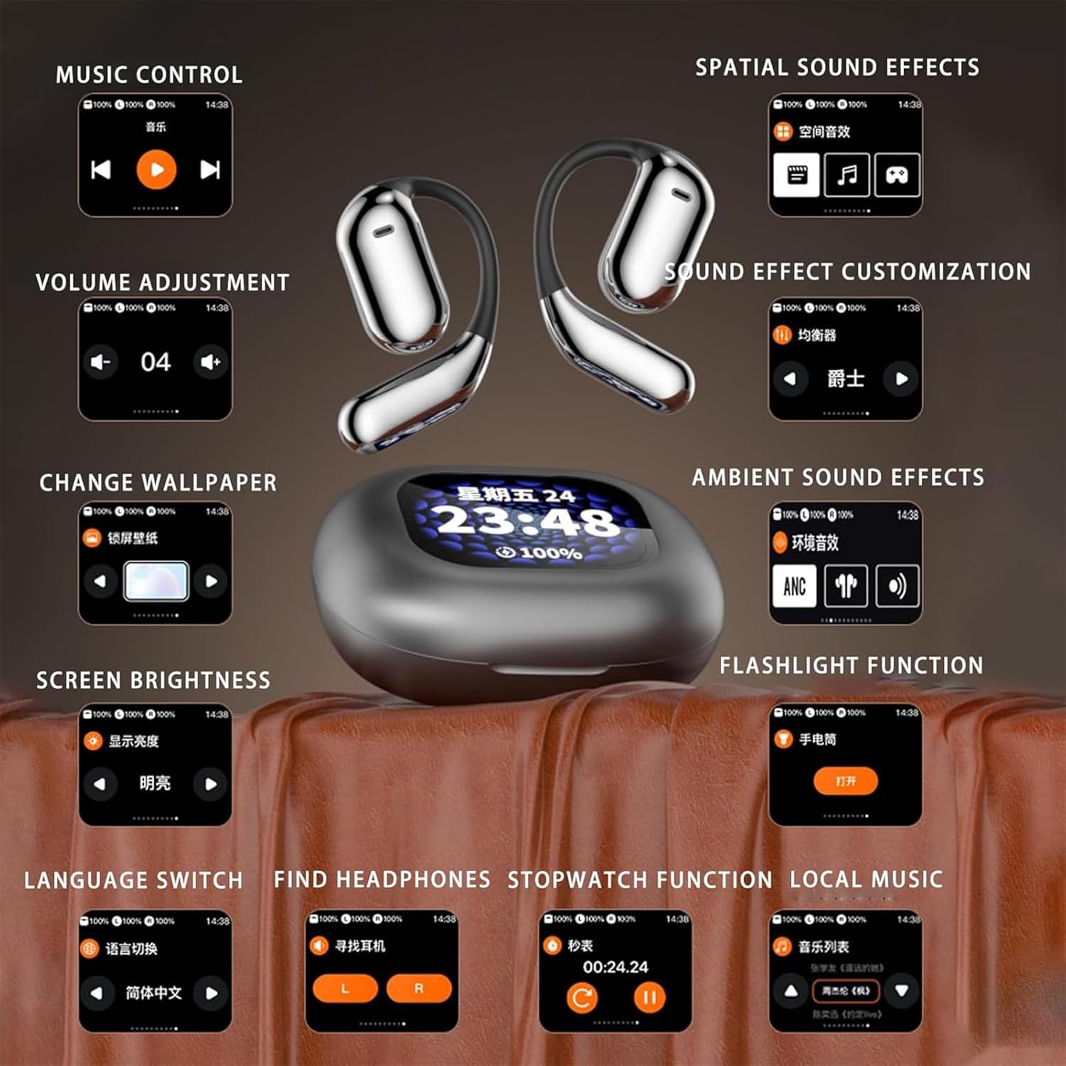 Screenshots of the Earbuds Pro's touch screen interface, demonstrating various functions such as music control, volume adjustment, wallpaper change, screen brightness, language switch, find headphones, stopwatch, local music, spatial sound effects, sound effect customization, ambient sound effects, and flashlight.