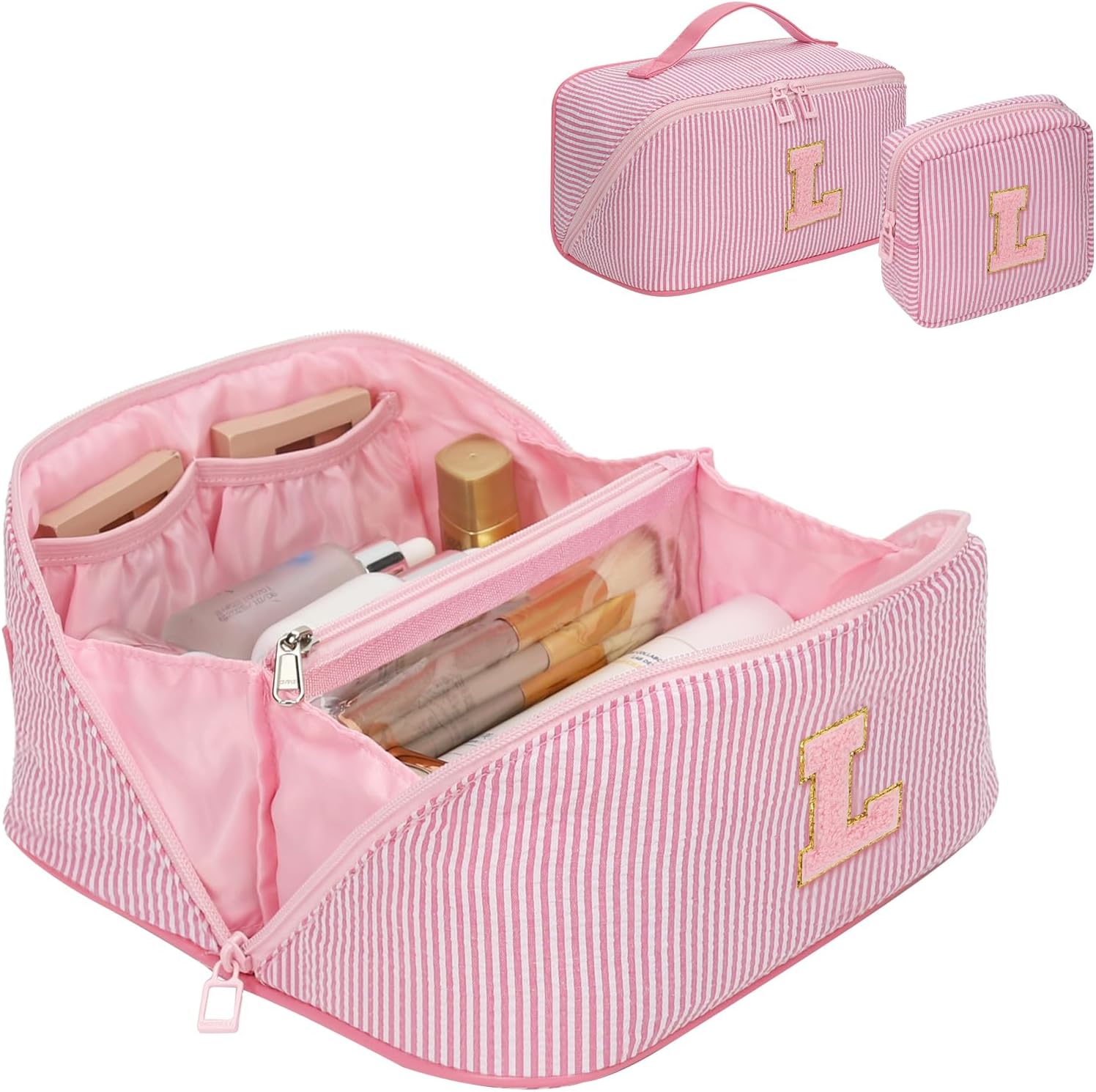2026 Graduation Gifts - Travel Makeup Bag for Women, 2Pcs Portable Personalized Initial Makeup Organizer Bag, Open Flat Large Cosmetic Bag With Travel Essential Pouch (Pink Letter L)