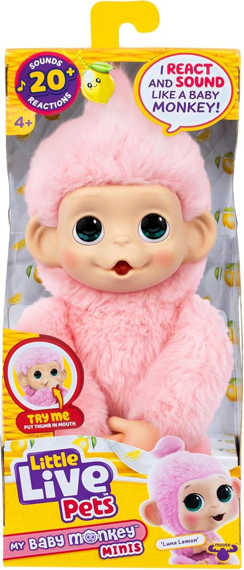 Little Live Pets Baby Monkey Minis – Luna Lemon, Juguete Interactivo, +20 Sonidos y reacciones, Suave Pelaje Rosa, 18,8 cm, Realista, Comer, cuidar, Manos y pies de Mono, 3 para coleccionar
