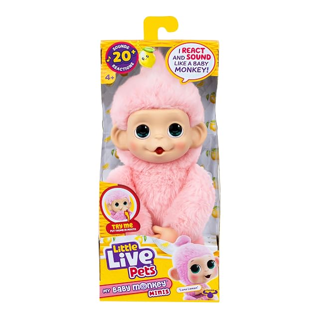 Little Live Pets Baby Monkey Minis – Luna Lemon, Juguete Interactivo, +20 Sonidos y reacciones, Suave Pelaje Rosa, 18,8 cm, Realista, Comer, cuidar, Manos y pies de Mono, 3 para coleccionar