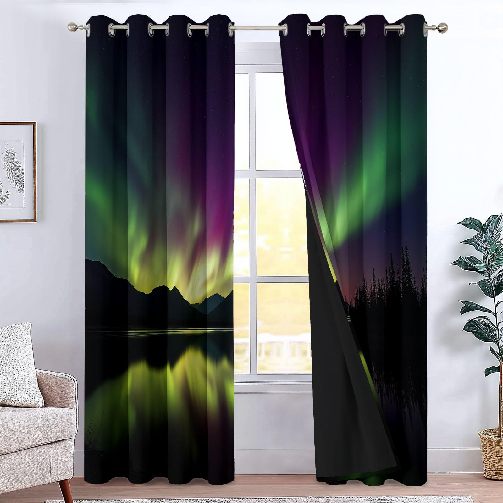 Grün Blickdicht Vorhänge für Wohnzimmer Nordlichter Seeblick Verdunklungsvorhang mit Ösen, Blickdicht Gardinen Thermovorhang für Schlafzimmer Deko 2er Set, H 260 x B 140 cm