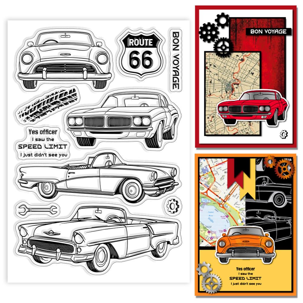GLOBLELAND Car Clear Stamps Gear Road Sign Silicone Clear Stamp Seals Route 66 Transparent Stamps for DIY Scrapbooking Cards Making Photo Album Journal