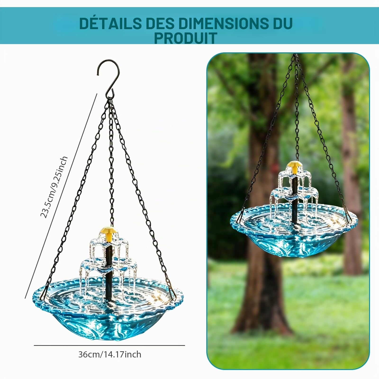 2026 Nouveau bain d'oiseaux solaire avec fontaine à suspendre, bain d'oiseaux pour l'extérieur à suspendre, grands bains d'oiseaux avec fontaine pour colibris, avec pompe solaire et bol en verre, pour