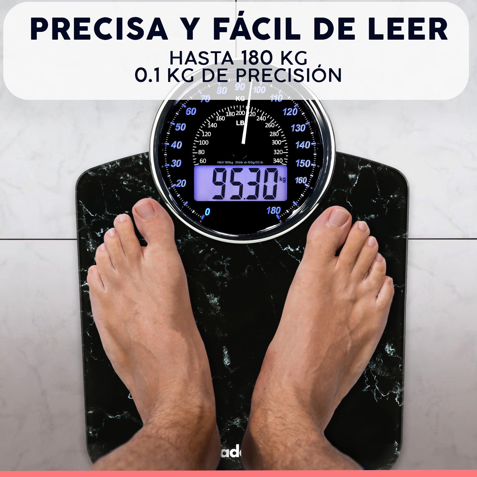 Hybrid Báscula de Baño - Analógica & Digital, Precisa hasta 180 kg | Vea su peso en el cuadrante analógico y LCD a la vez. Plataforma ancha, 3 pilas AAA incluidas, lista para usar.