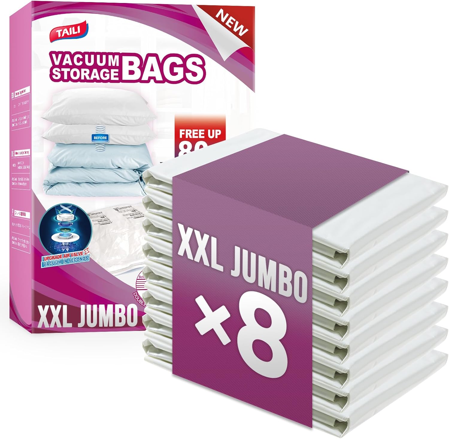 TAILI 8 Pack Vacuum Storage Bags for Comforter and Blankets, XXL Jumbo Vacuum Seal Bags for Bedding (47x39 Inch), Huge Space for Toy, Bedding, Pillows, Save More Closet Space