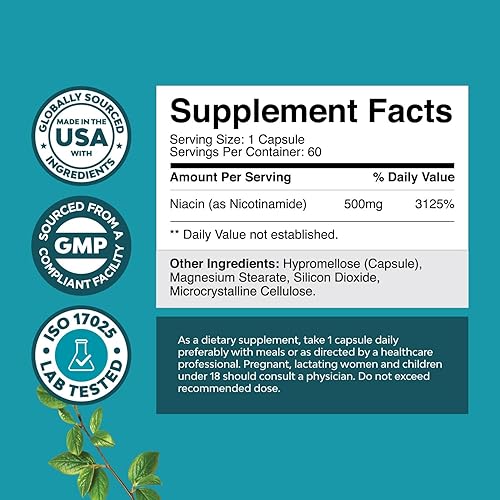 Vista 15 de Vitamina B3 Niacinamida 500 mg Cápsulas – Energía mitocondrial y potente suplemento para la piel – AKA Vitamina B3 Niacina 500mg Flush Free